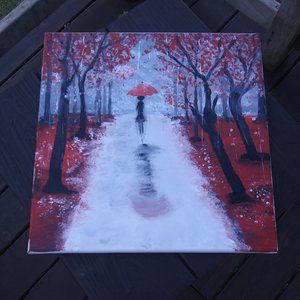 Impressionistic acrylic painting 14" x 14" on canvas Woman with umbrella